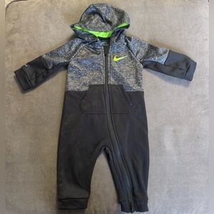 Nike Black & Grey Hooded Baby One-Piece with Neon Green Swoosh